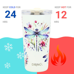 Drinco 20oz Dragonfly stainless steel body with vacuum insulation for temperature control.