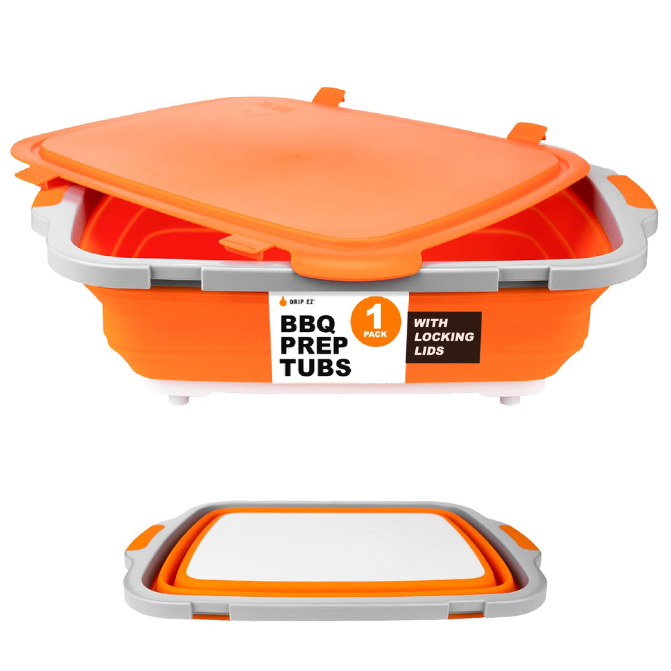 Drip EZ collapsible BBQ prep tub orange XL assembled for versatile prep and marination