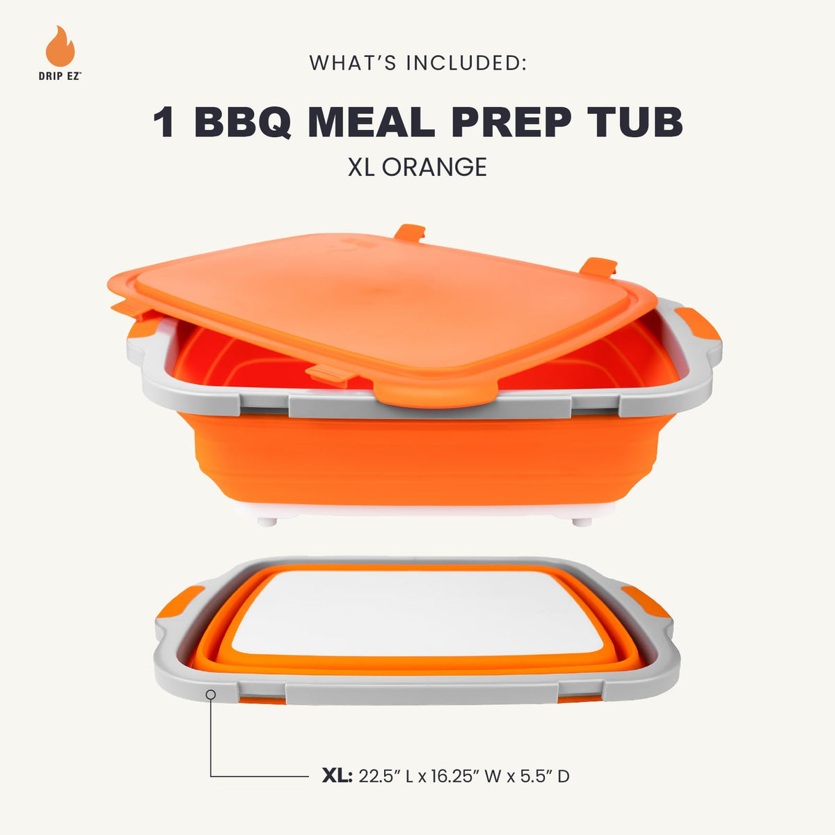 Drip EZ collapsible BBQ prep tub orange XL collapsed for compact storage