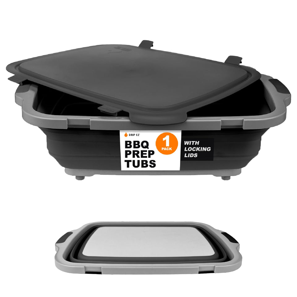 Drip EZ collapsible BBQ prep tub in black, front view for easy marinating and meal prep.