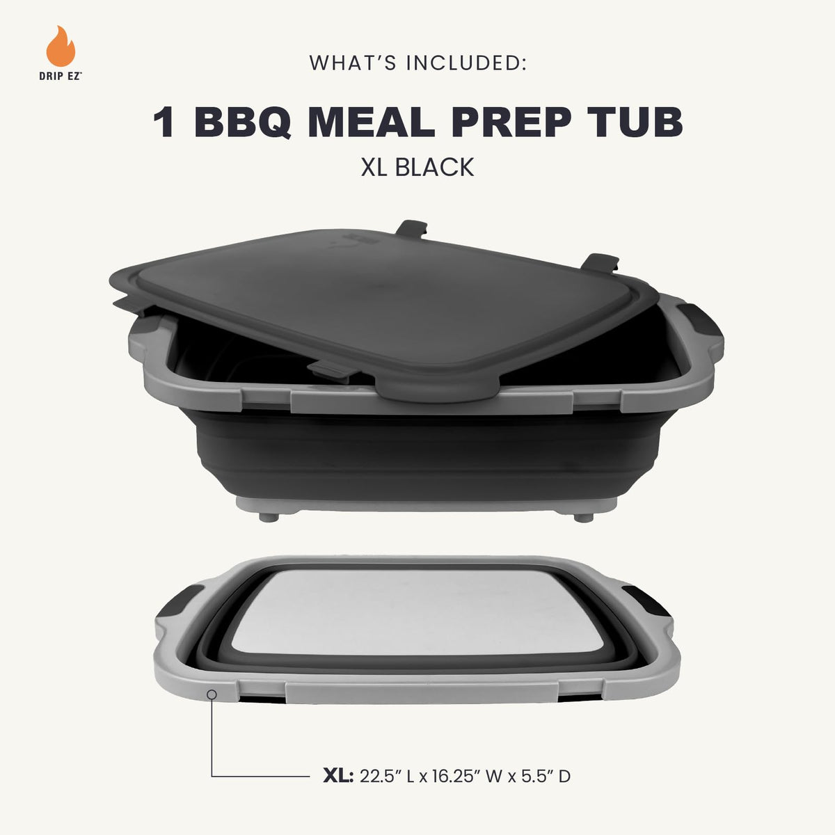 Drip EZ collapsible prep tub with locking lid to secure storage during transport.