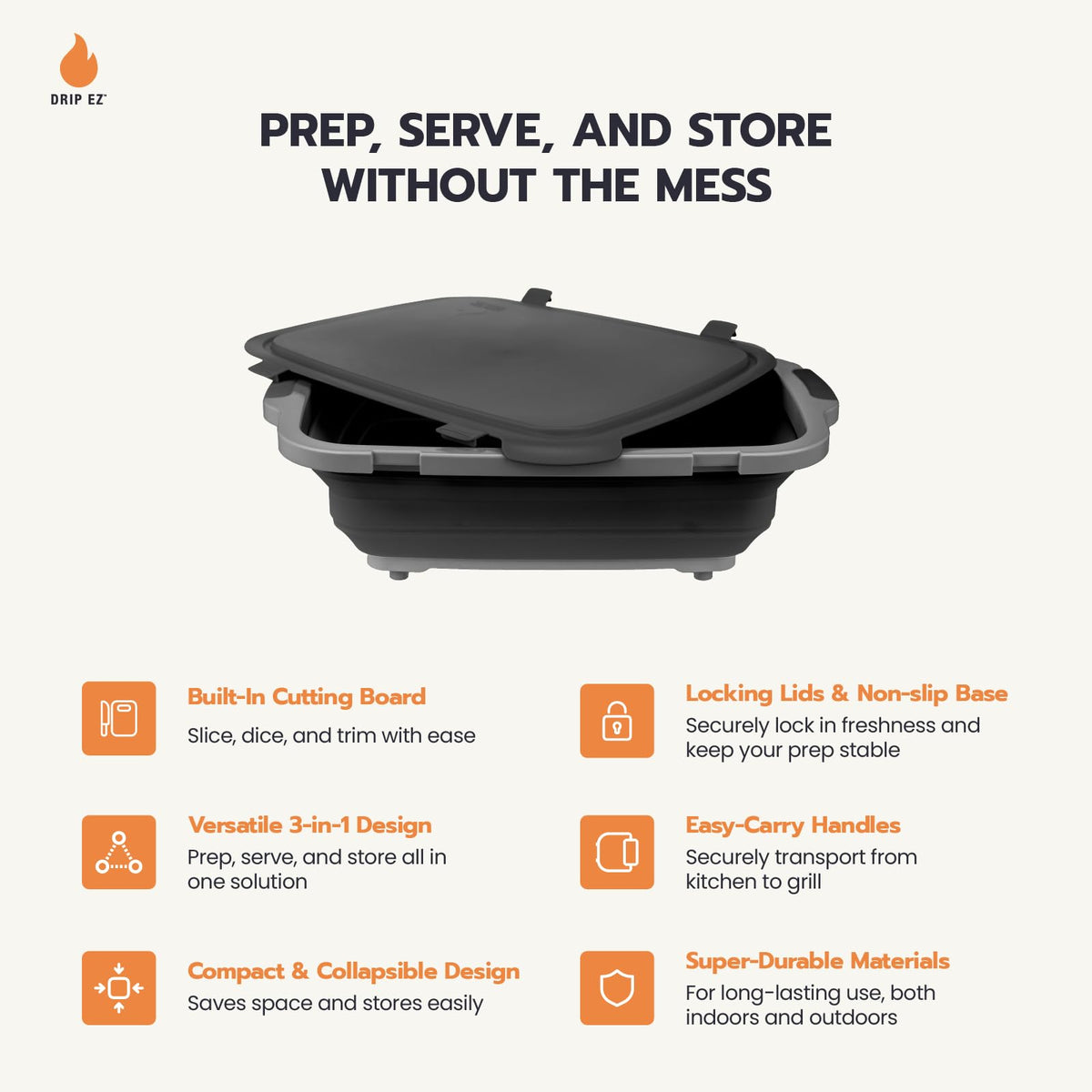 Drip EZ integrated cutting board in use during meal prep
