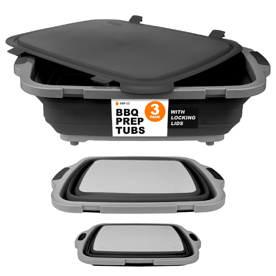 Drip EZ Junior collapsible BBQ prep tub with cutting board for compact prep