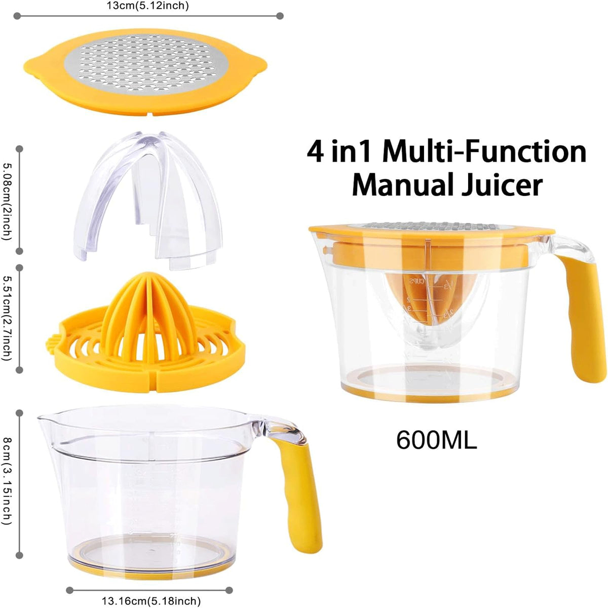 Drizom juicer with built-in measuring cup for precise recipe add-ins.