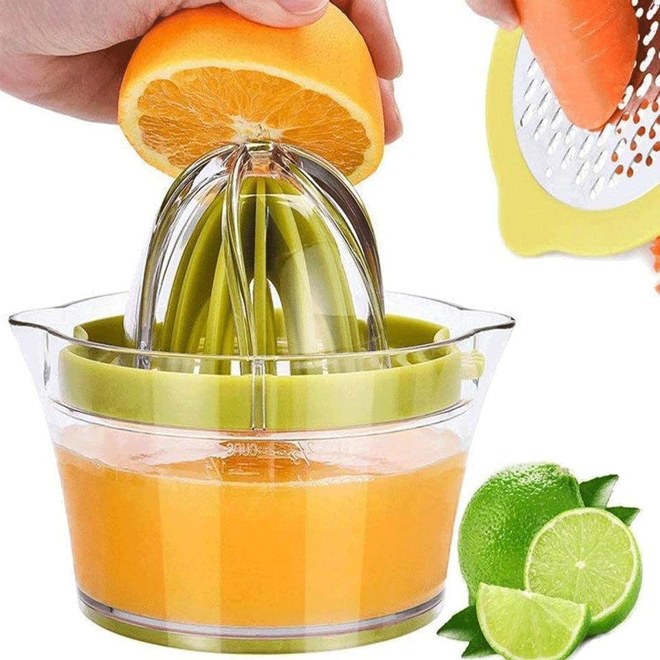 Drizom citrus juicer with built-in measuring cup for precise recipes.
