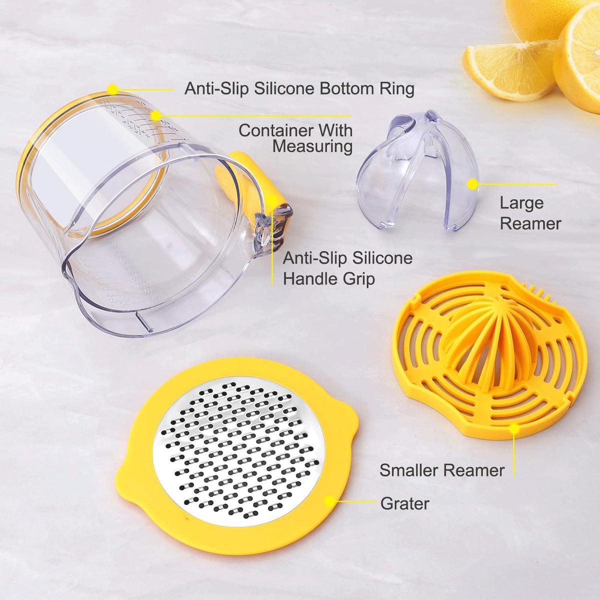 Drizom juicer includes a grater and egg separator for versatile prep.