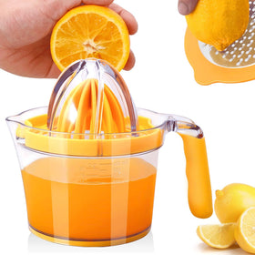 Drizom manual citrus juicer with a compact space-saving design for storage.