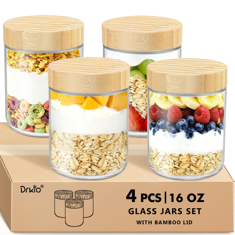 DRKIO 16 oz glass jar with bamboo lid for meal prep and portion control.