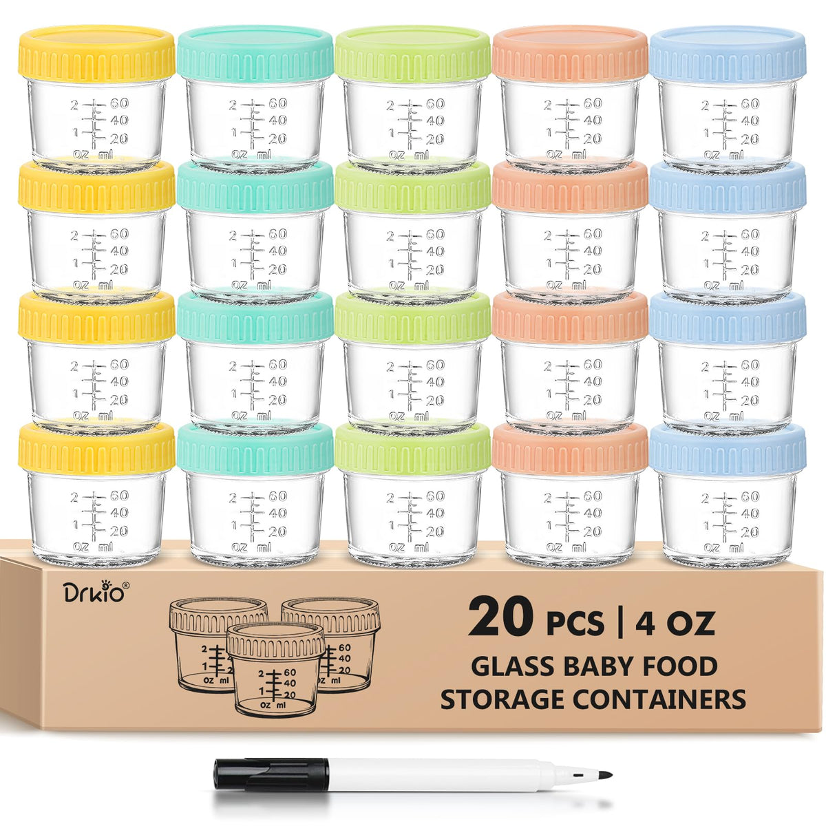 DRKIO 20-pack glass baby food jars with 4 oz capacity for organized meal prep