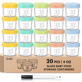 DRKIO 20-pack glass baby food jars with 4 oz capacity for organized meal prep
