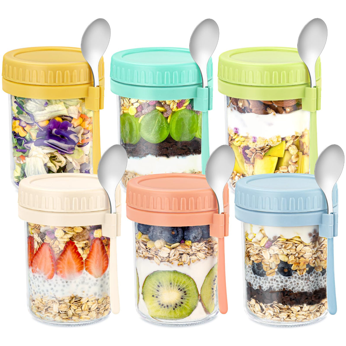 DRKIO 16oz glass jar with leak-proof lid for portable overnight oats.