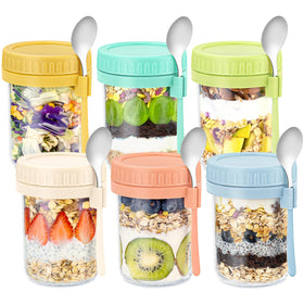 DRKIO 16oz glass jar with leak-proof lid for portable overnight oats.