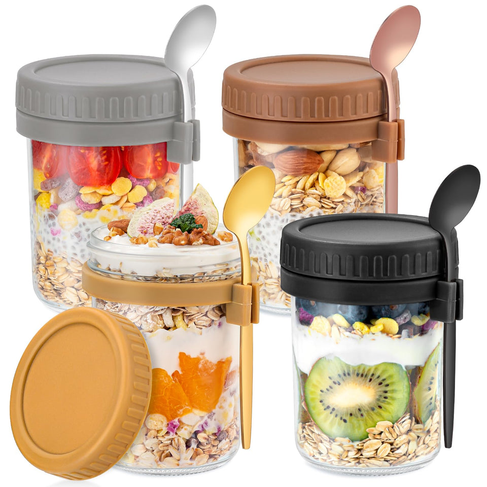 DRKIO overnight oats containers 16oz with airtight lids and spoons for fresh breakfasts