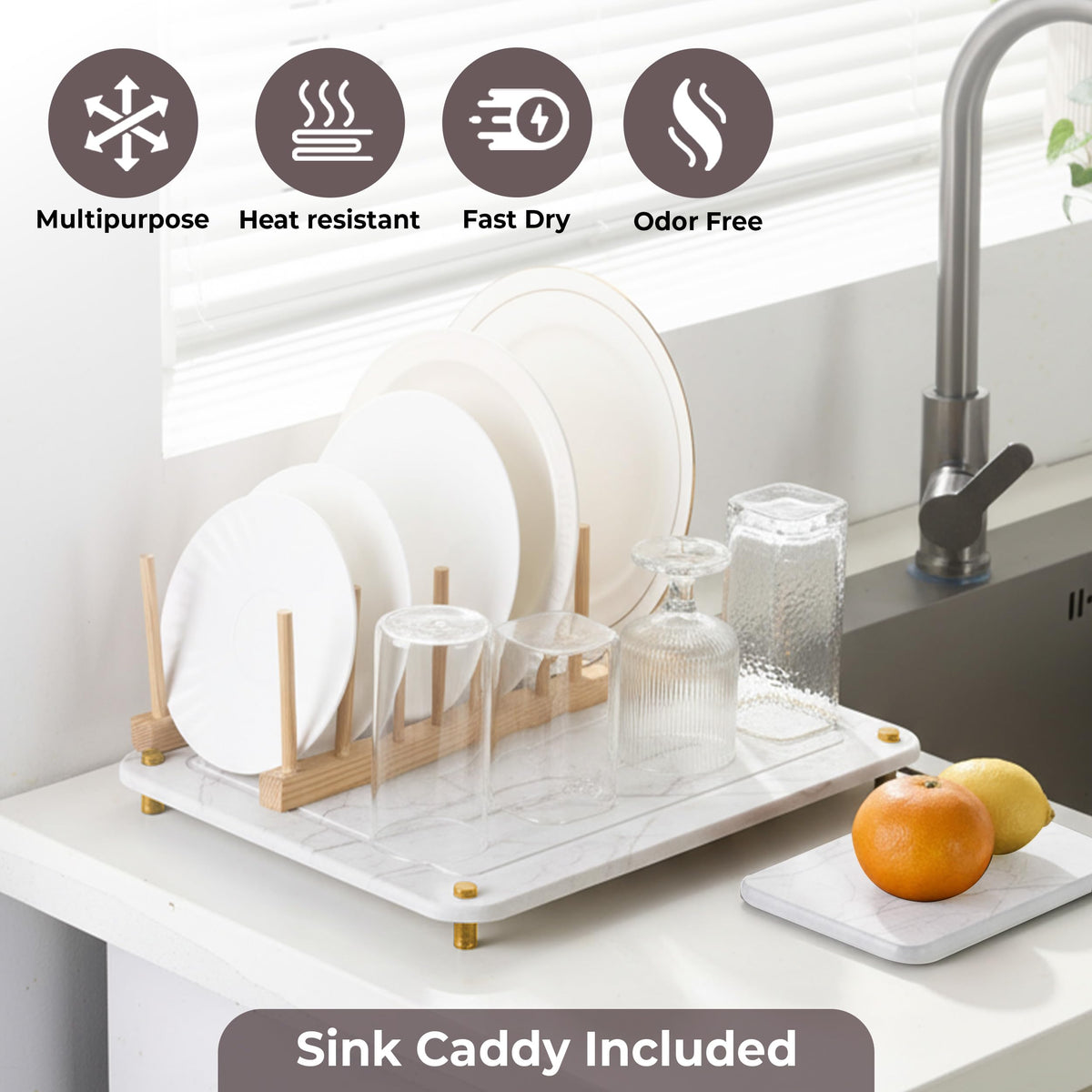 Dropereum Stone Drying Mat absorbs moisture to keep countertops dry and clean.