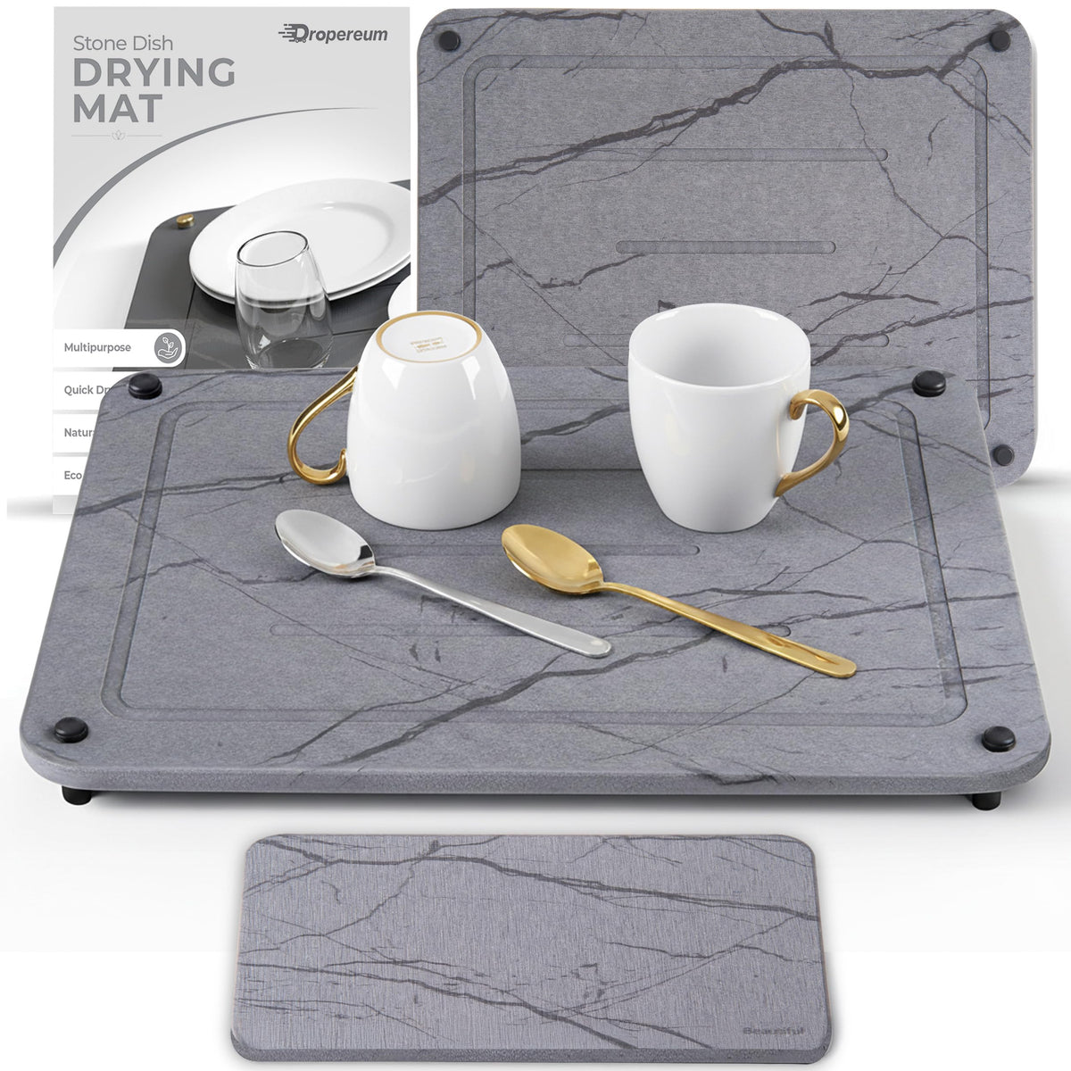 Dropereum Stone Dish Drying Mat on counter showing absorbent surface for fast drying.