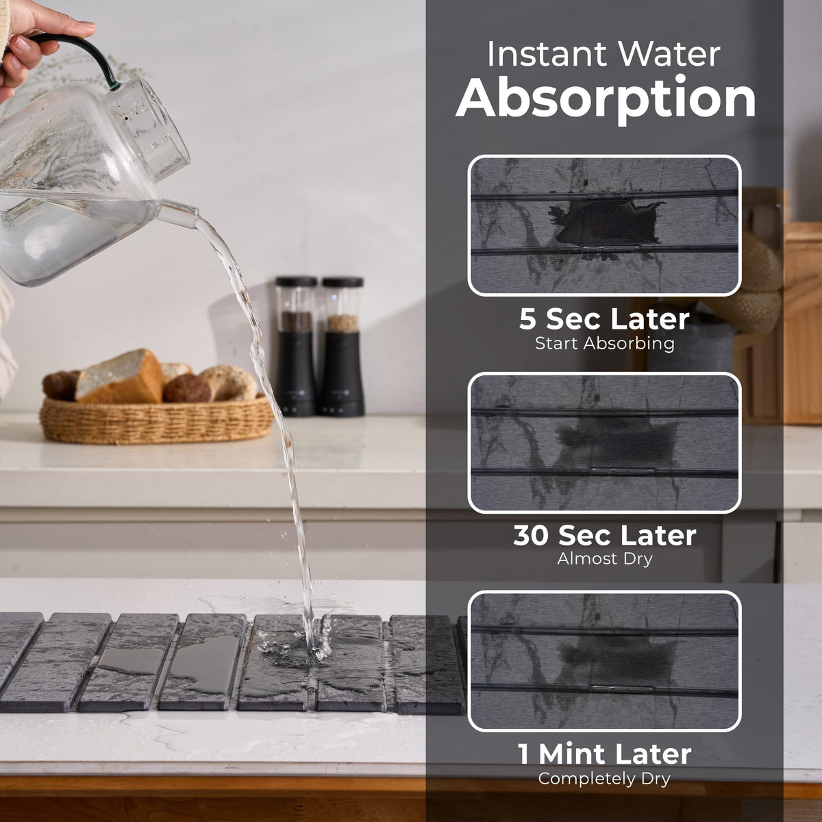 Dropereum marble-pattern drying mat adds elegant kitchen styling.
