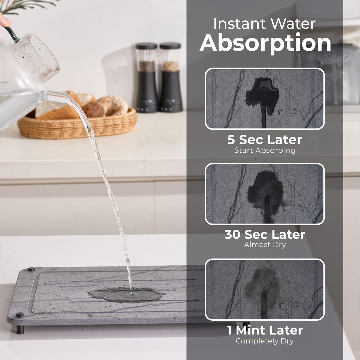 Dropereum Stone Drying Mat with sink caddy keeps sponge organized and within reach.