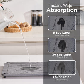 Dropereum Stone Drying Mat with sink caddy keeps sponge organized and within reach.