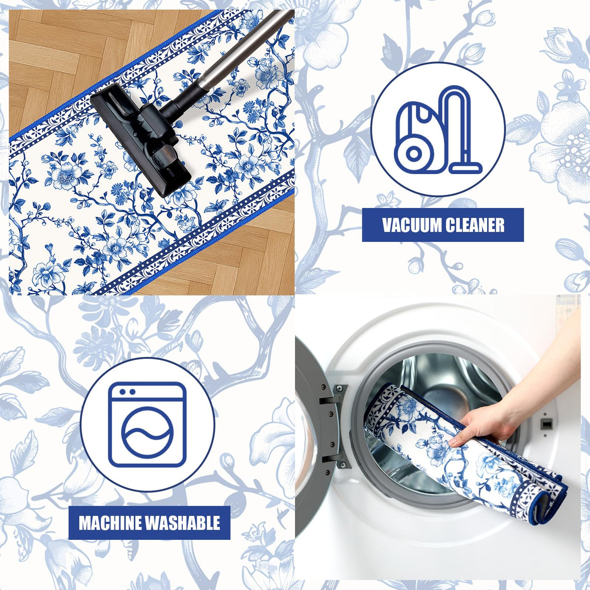 Drydiet absorbent and stain-resistant floral mat protects floors.
