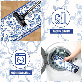 Drydiet absorbent and stain-resistant floral mat protects floors.