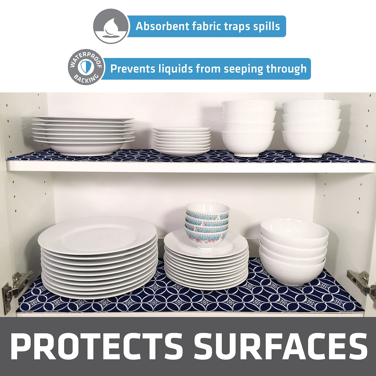 Indigo Drymate liner offers slip-resistant backing for stable storage.