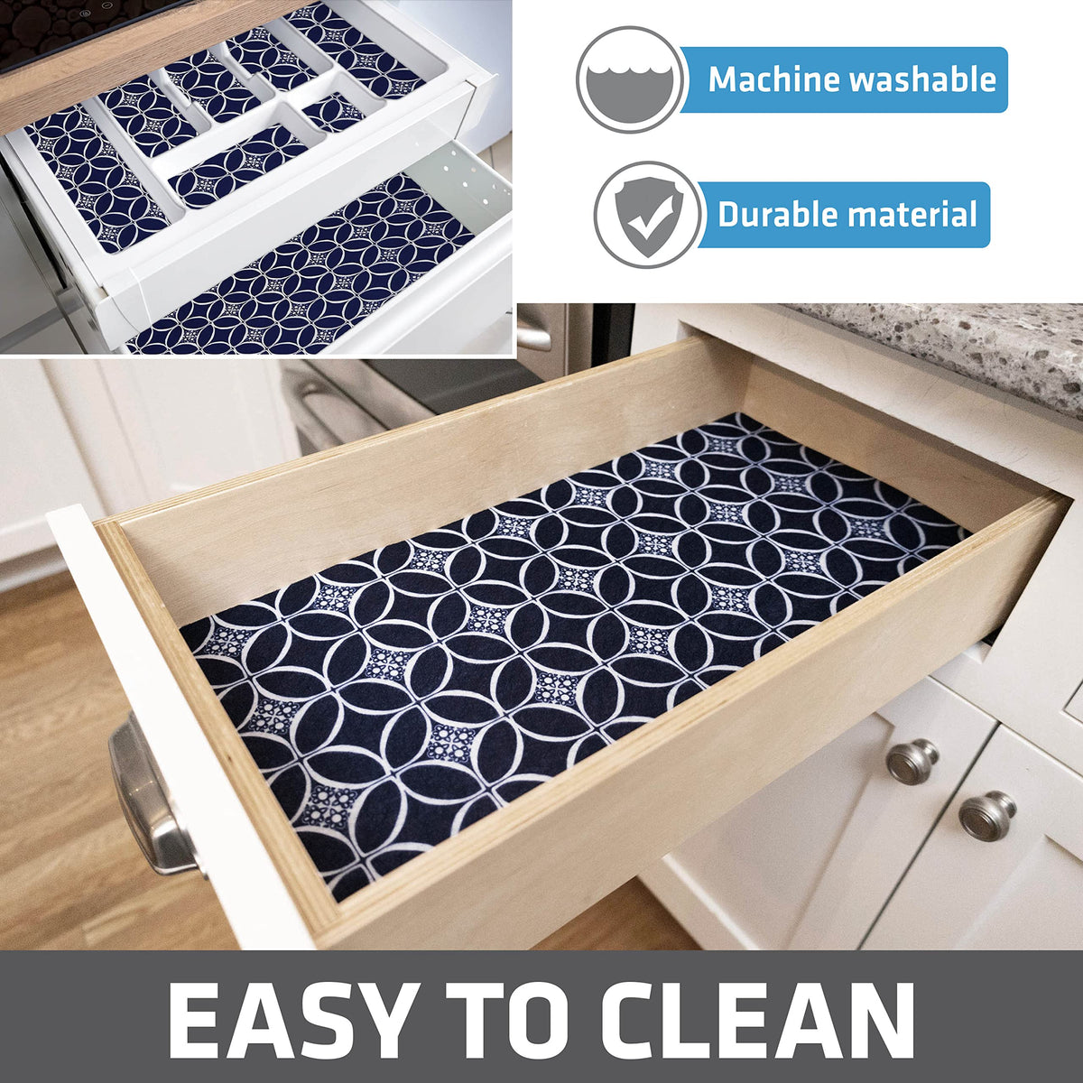 Made in USA Drymate indigo liner from recycled fibers, BPA-free.