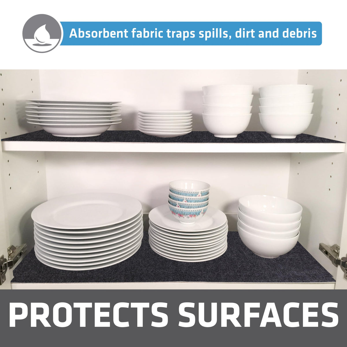 Drymate liner with waterproof backing prevents liquid penetration under shelves and drawers.