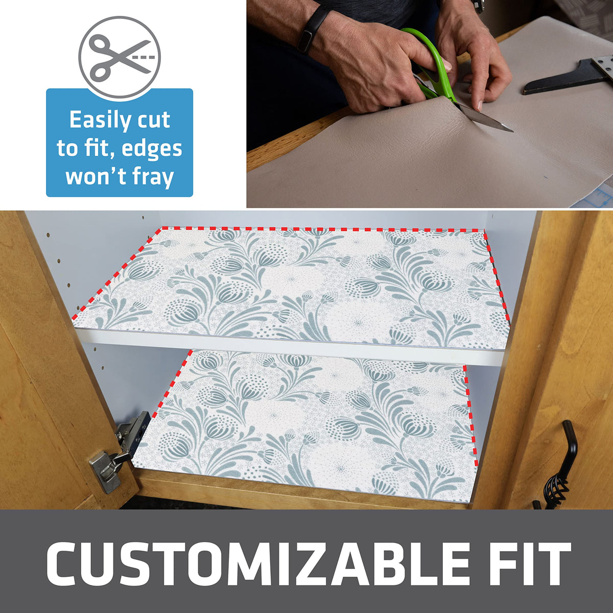 Drymate liner being cut to fit with scissors for a precise, fray-free edge.