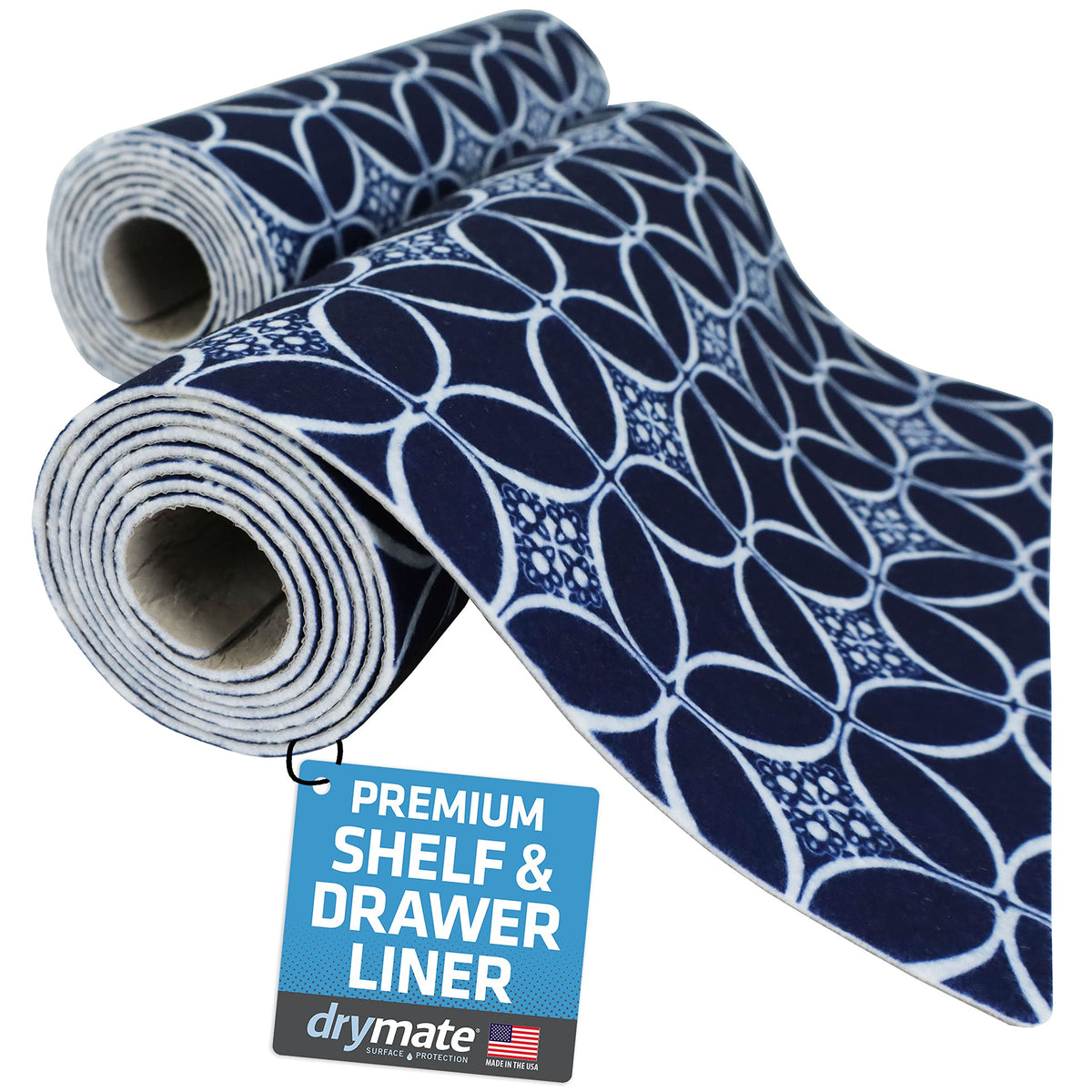 Drymate premium indigo shelf liner with absorbent fabric protects cabinets from spills.