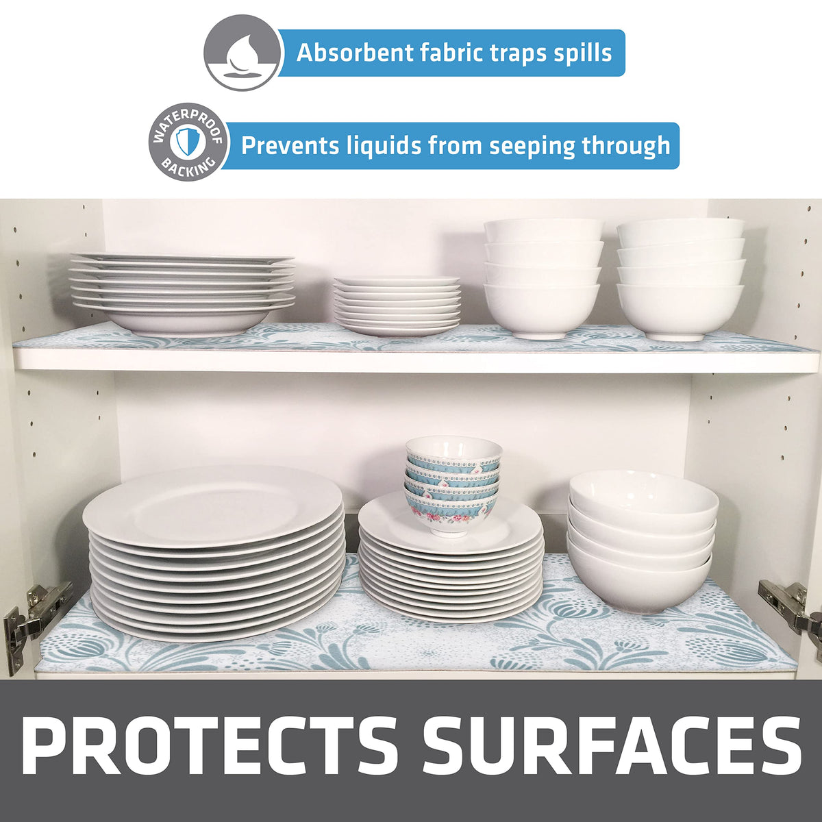 Drymate liner with waterproof backing that blocks liquid seepage under items.