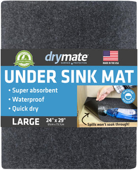 Drymate premium under-sink mat in charcoal protects cabinets from leaks and spills.