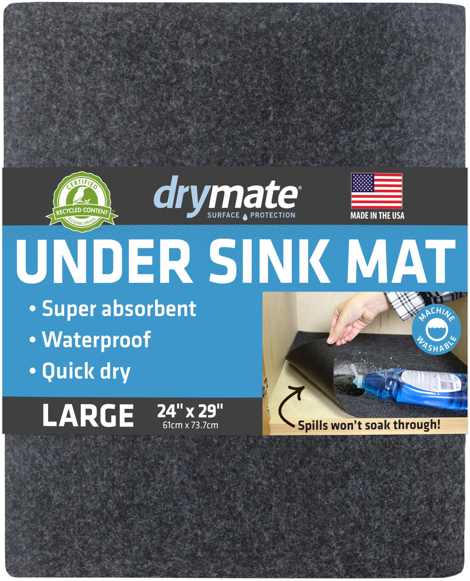 Drymate premium under-sink mat in charcoal protects cabinets from leaks and spills.