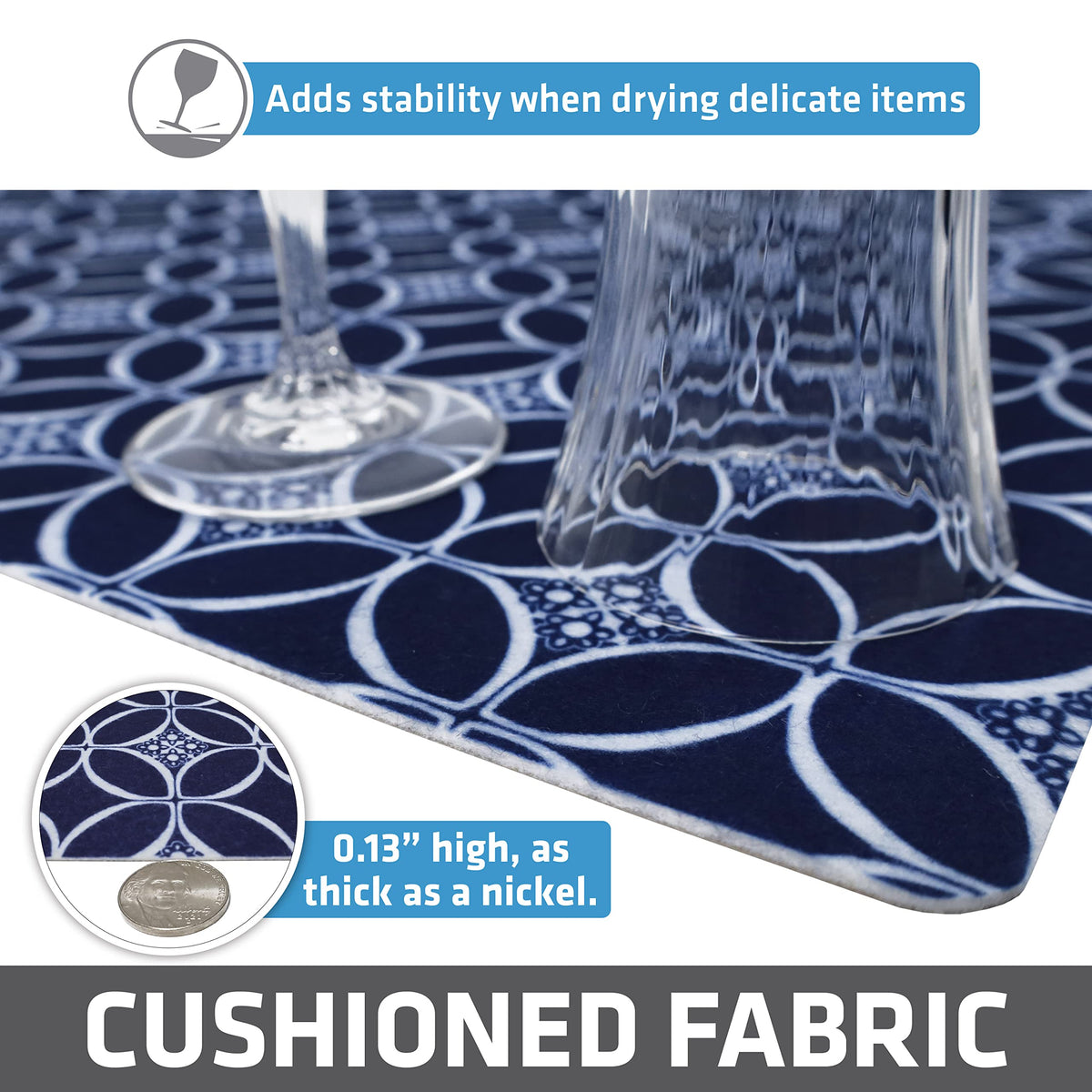 Thick cushioned indigo Drymate liner adds soft protection to shelves.