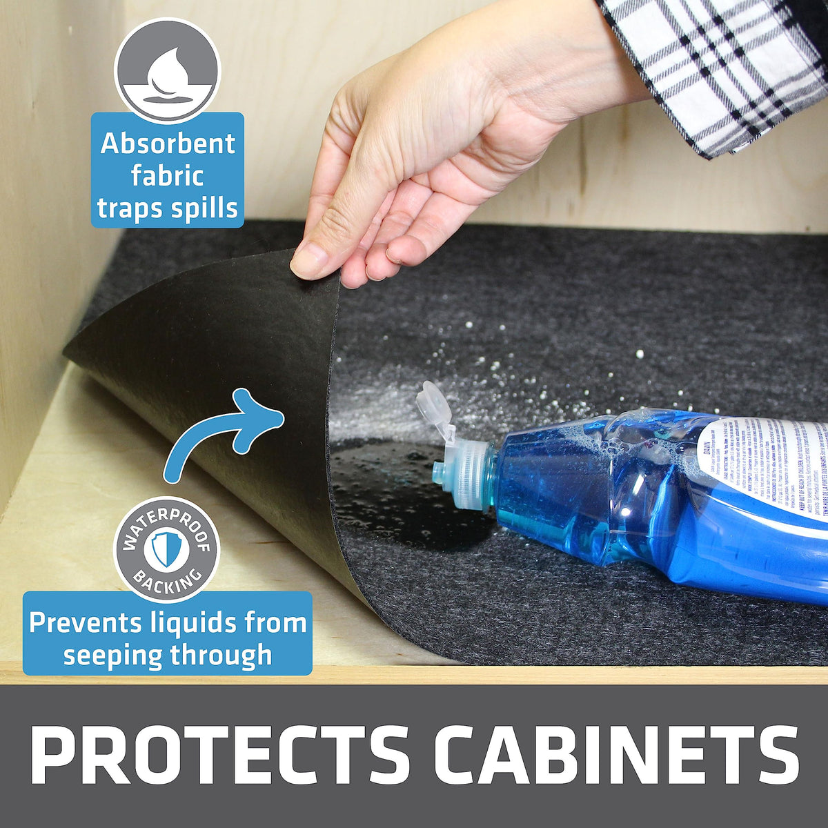Drymate waterproof backing protects shelves from moisture in cabinets.