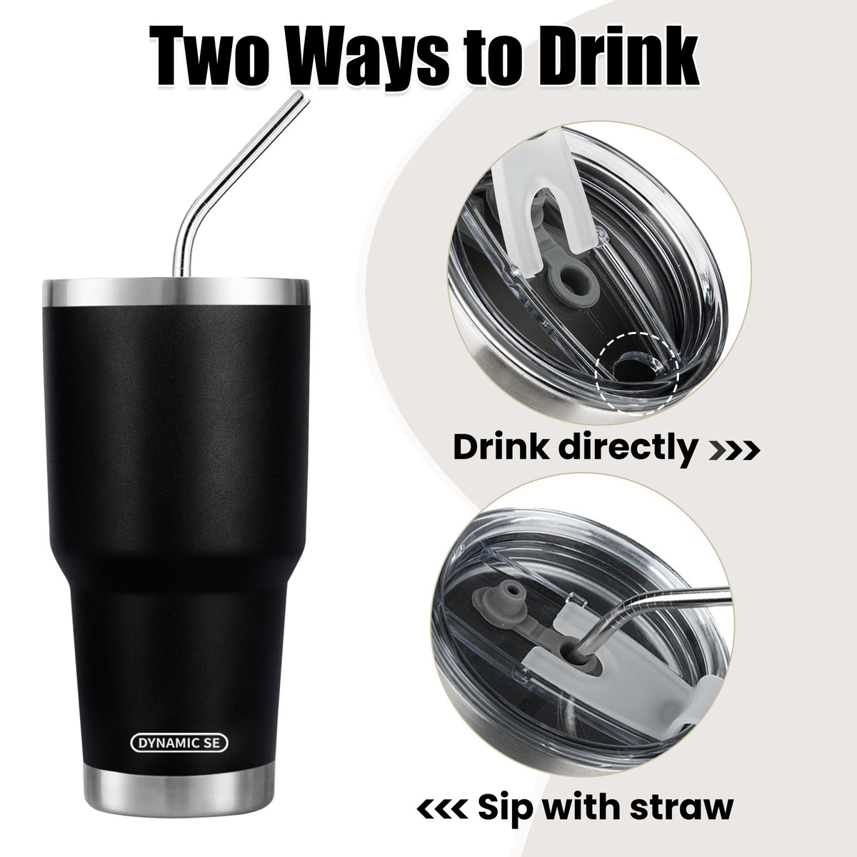DS 30oz black tumbler showing double-wall insulation to reduce condensation