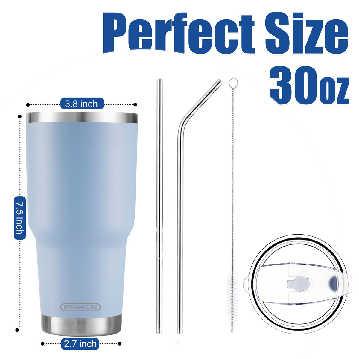 DS blue tumbler with stainless steel straws for versatile beverages