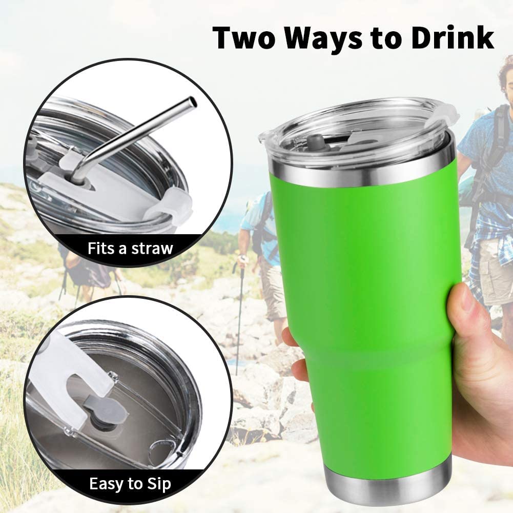 D·S tumbler lid and straw close-up showing leak-free design