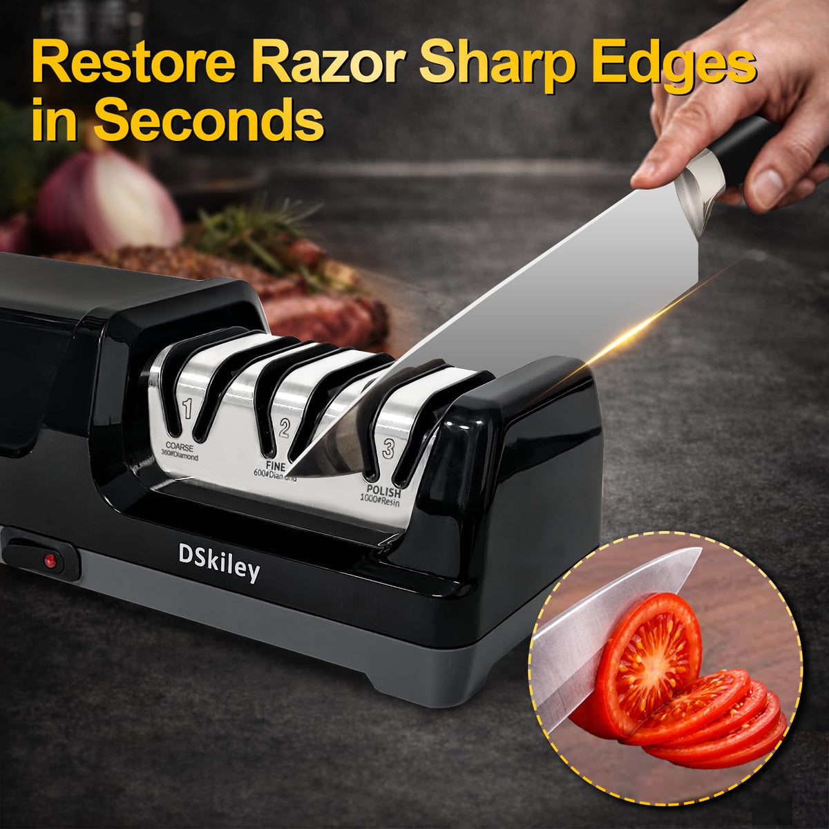 DSKILY sharpener showing 20 degree angle guide for consistent edges.