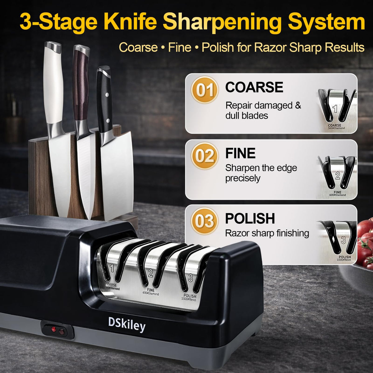 DSKILY sharpener used on non serrated kitchen knives like chef and santoku.