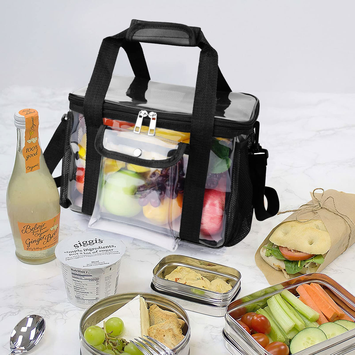 DST Gainbow mesh pockets on sides for utensils and napkins.