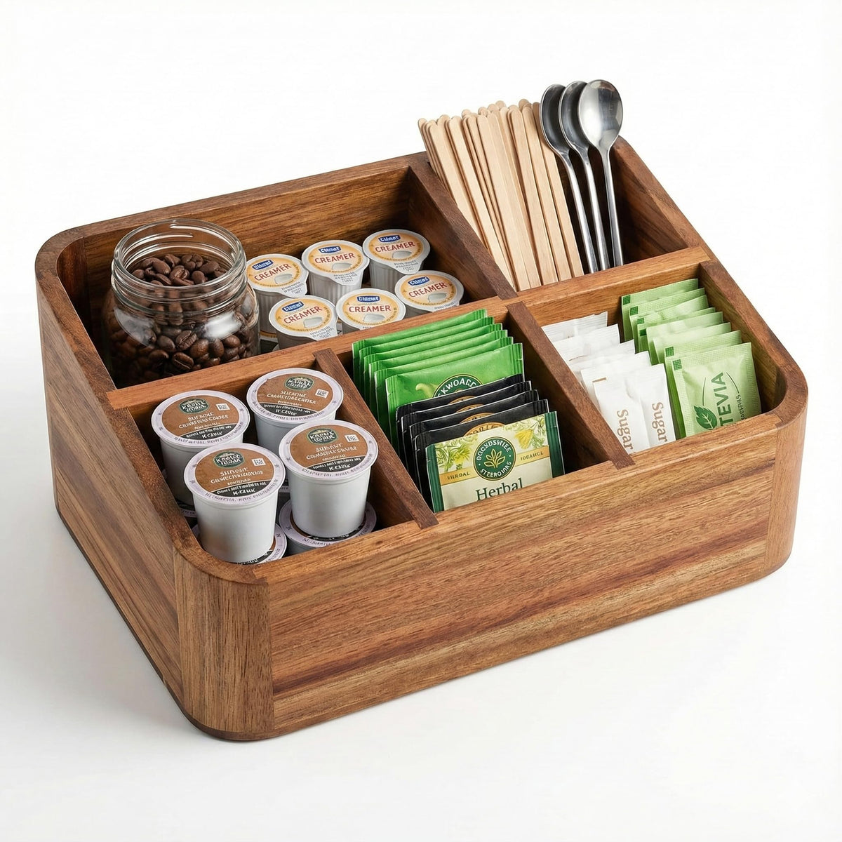 Dstuff acacia wood coffee station organizer highlights natural grain for a warm kitchen display