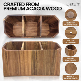 Dstuff acacia wood kitchen organizer with a drainage hole for airflow and quick drying.