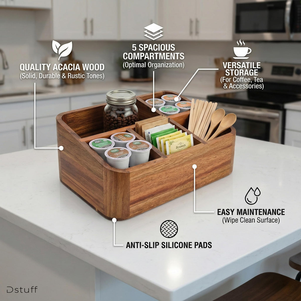 Dstuff coffee bar caddy with multiple compartments keeps brewing essentials organized