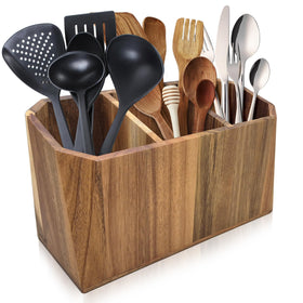 Dstuff large utensil holder in acacia wood with three compartments for easy organization.