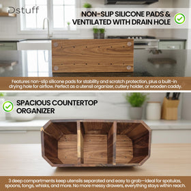 Dstuff utensil caddy showing stable, non-slip silicone pads on a kitchen counter.