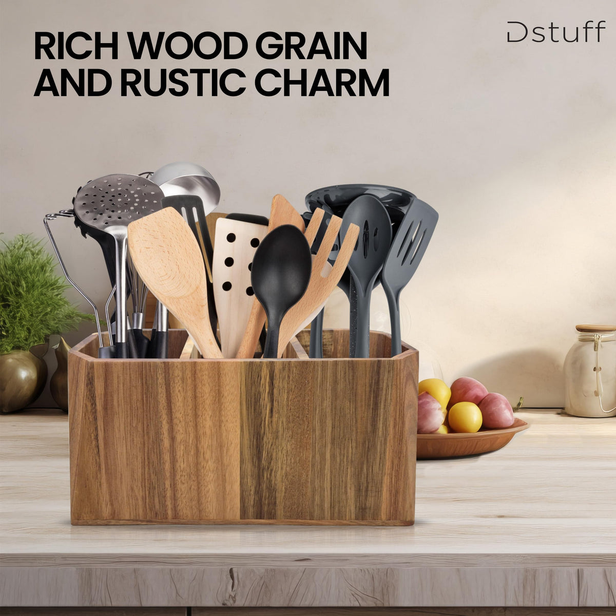 Dstuff acacia wood caddy suitable for desk or craft storage beyond the kitchen.