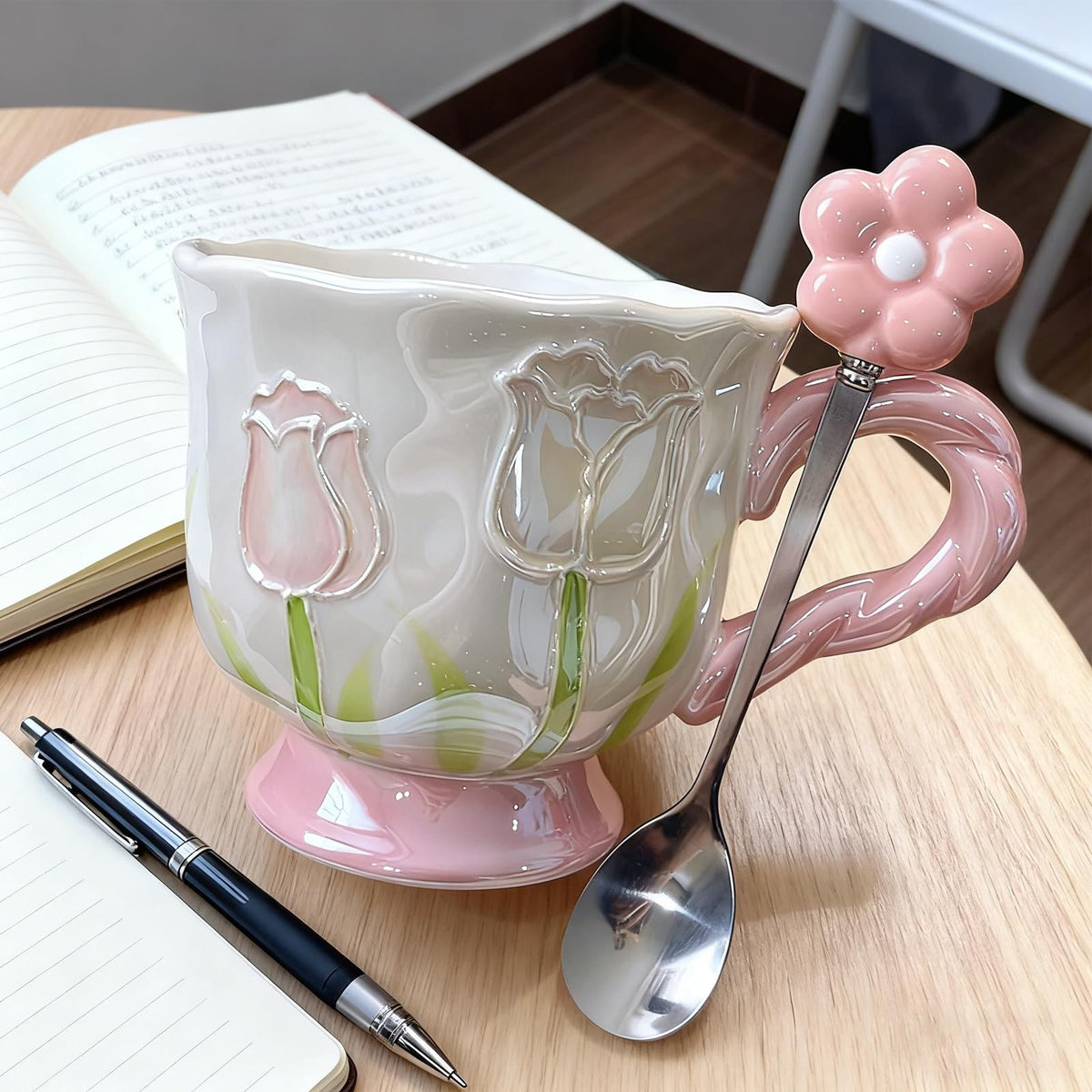 DTIUYIOP pink floral mug with handle ideal for coffee or tea