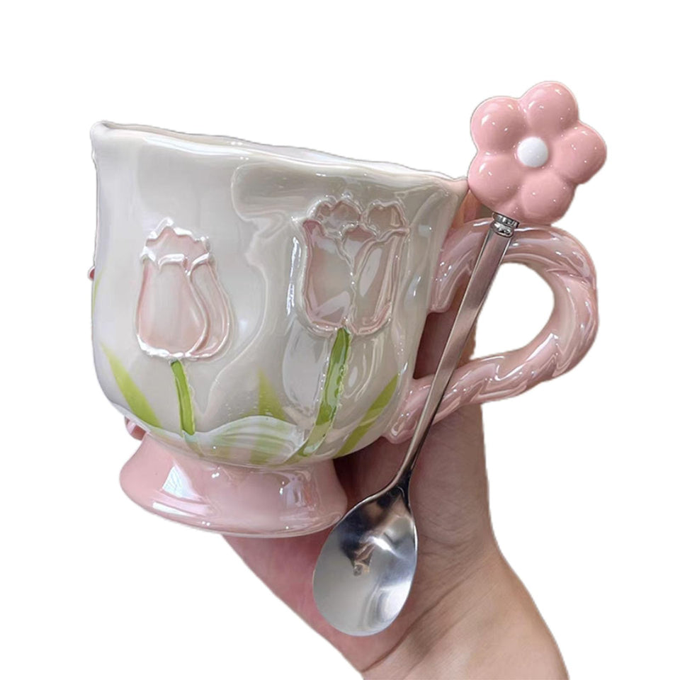DTIUYIOP pink flower mug with spoon for cozy mornings