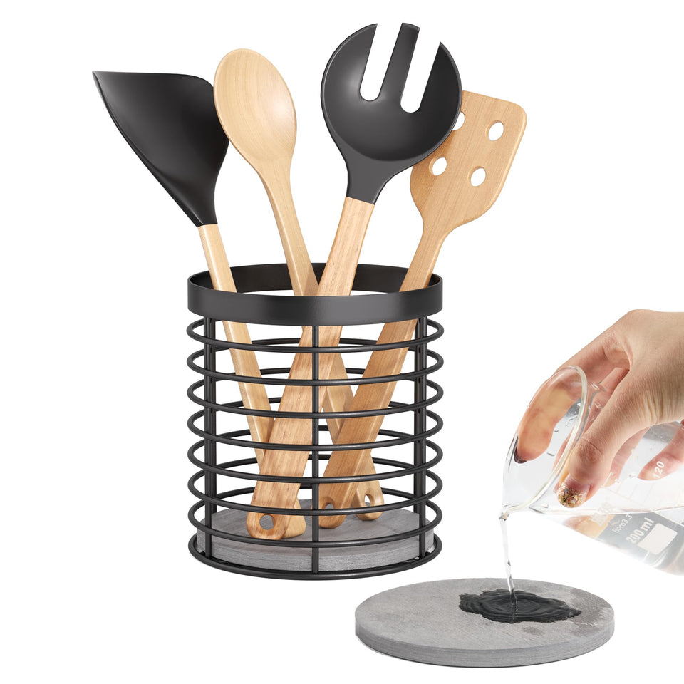 DTONIMA large round utensil holder on counter, front view highlighting ample capacity.