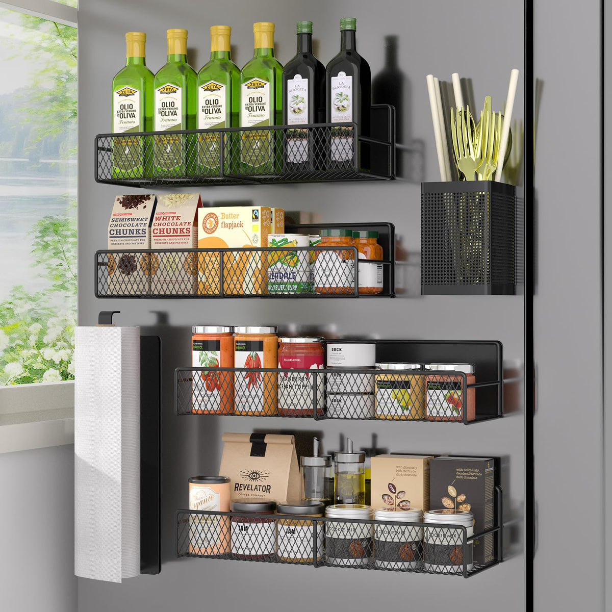 DTUQYX magnetic spice rack on fridge showing sturdy metal frame and strong magnets.